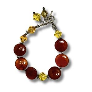 Brown Circular Flat Bead Bracelet With Golden Yellow Accent Beads